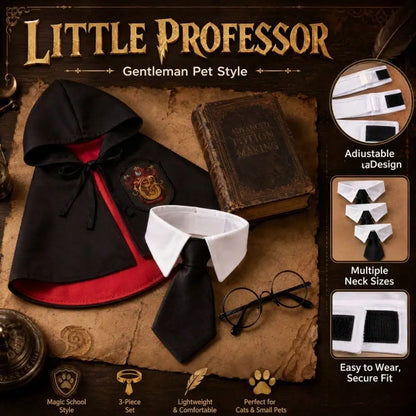3pcs Spooky Dark Gothic Dog Cape – Horror Wizard Costume with Emblem Badge, Necktie, and Round Glasses Accessory